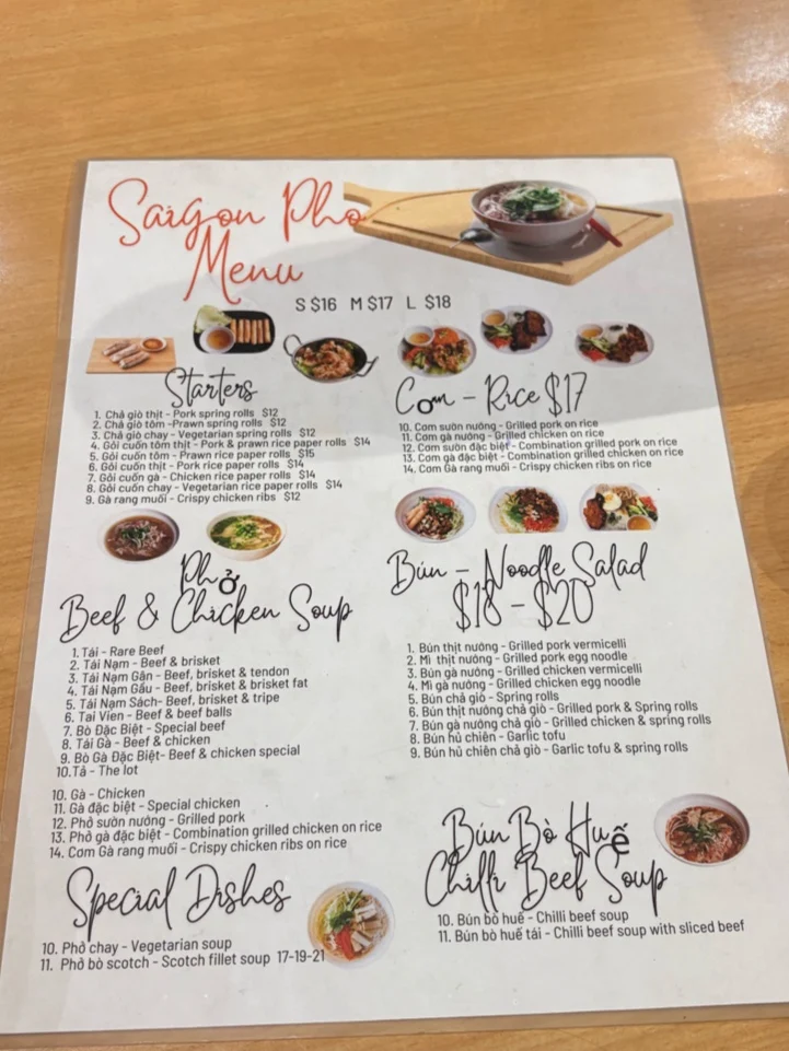 Menu, Saigon Pho