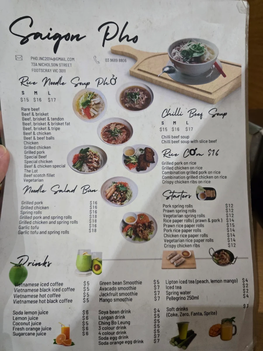 Menu, Saigon Pho