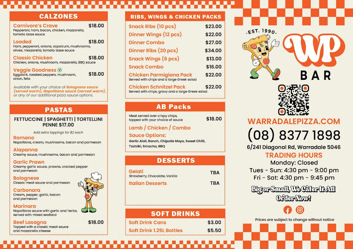 Menu, Warradale Pizza House Adelaide