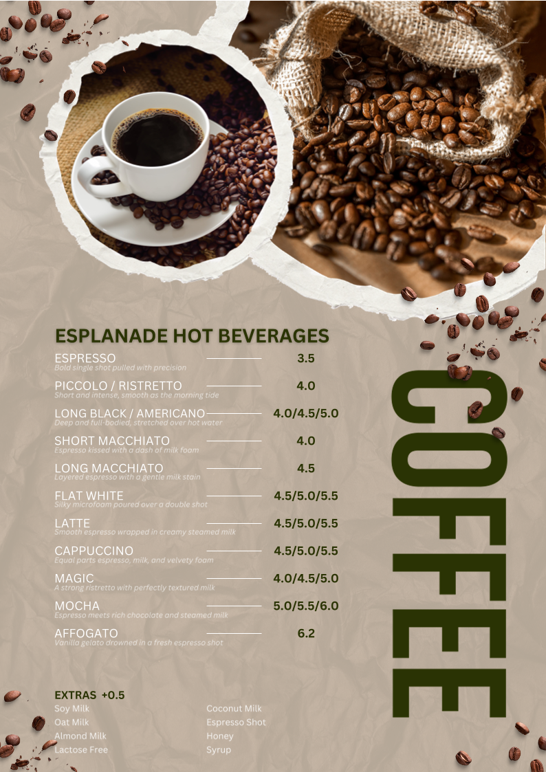 Menu, Esplanade Brew Co