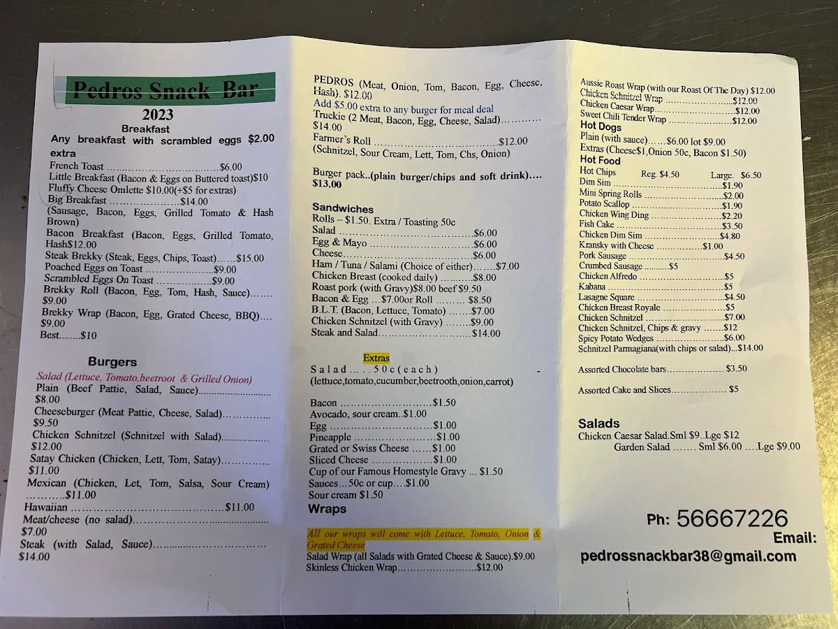 Menu, Pedros Snack Bar