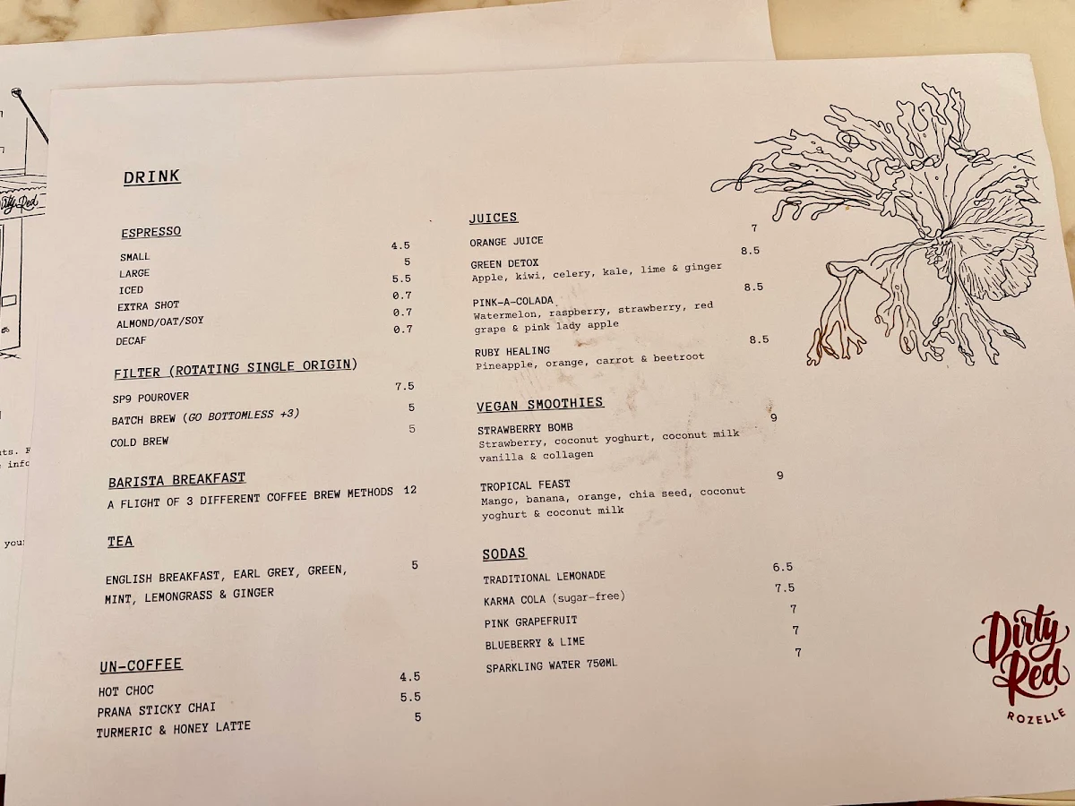 Menu, Dirty Red Rozelle
