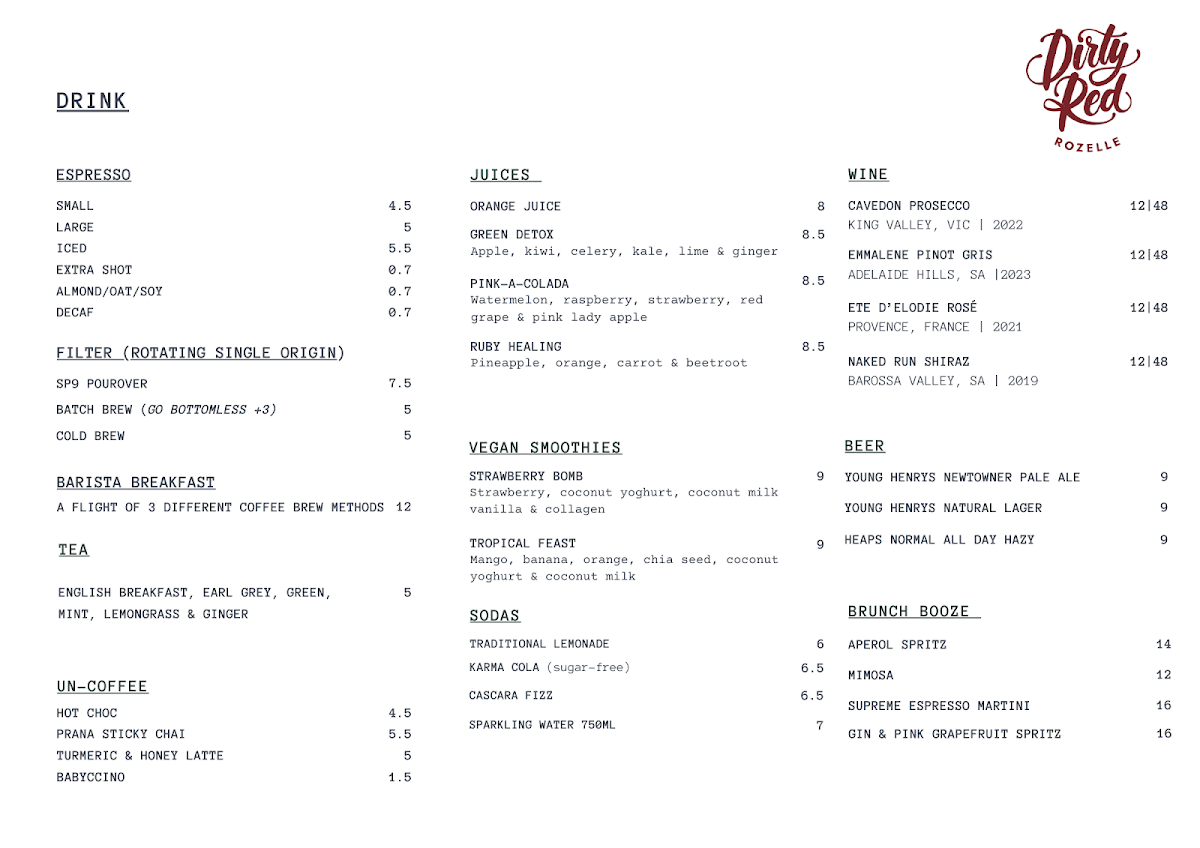 Menu, Dirty Red Rozelle