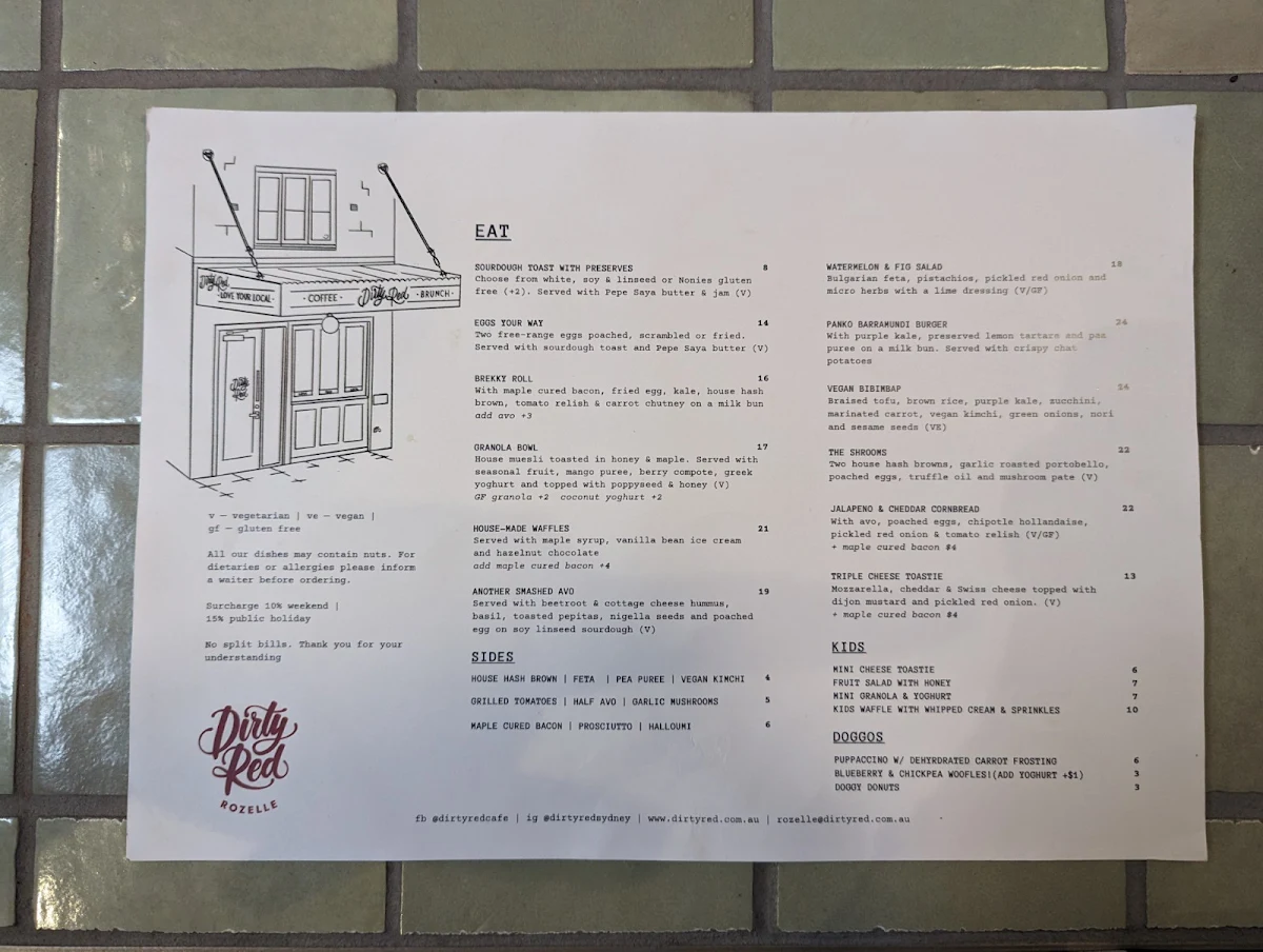 Menu, Dirty Red Rozelle