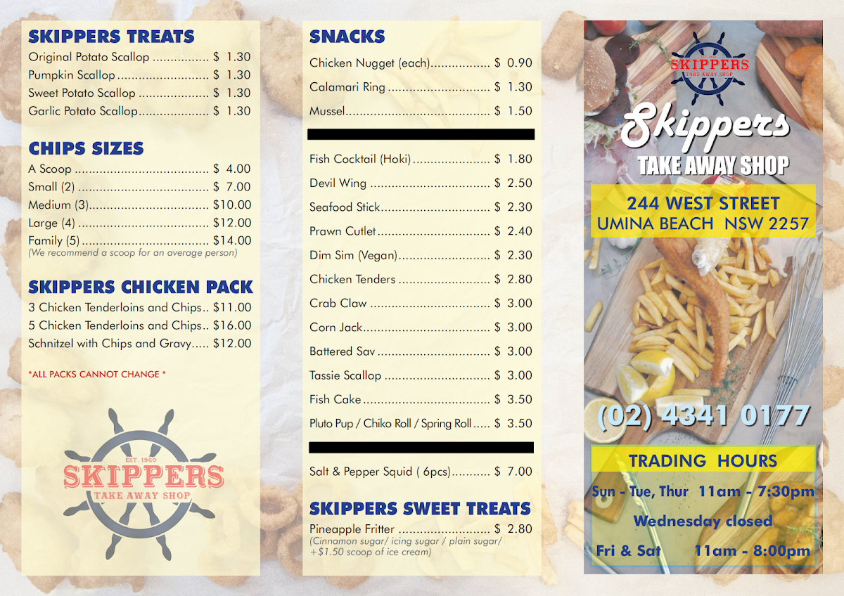 Menu, Skippers Take Away