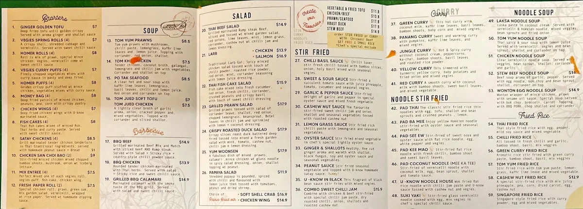 Menu, U Know Thai Takeaway Earlwood