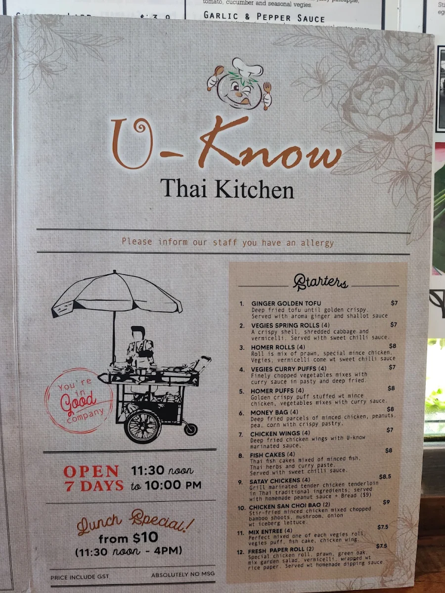 Menu, U Know Thai Takeaway Earlwood