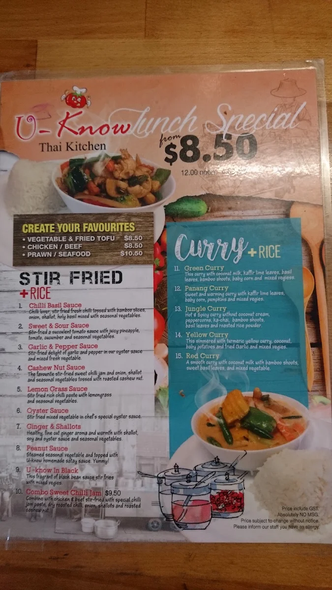Menu, U Know Thai Takeaway Earlwood