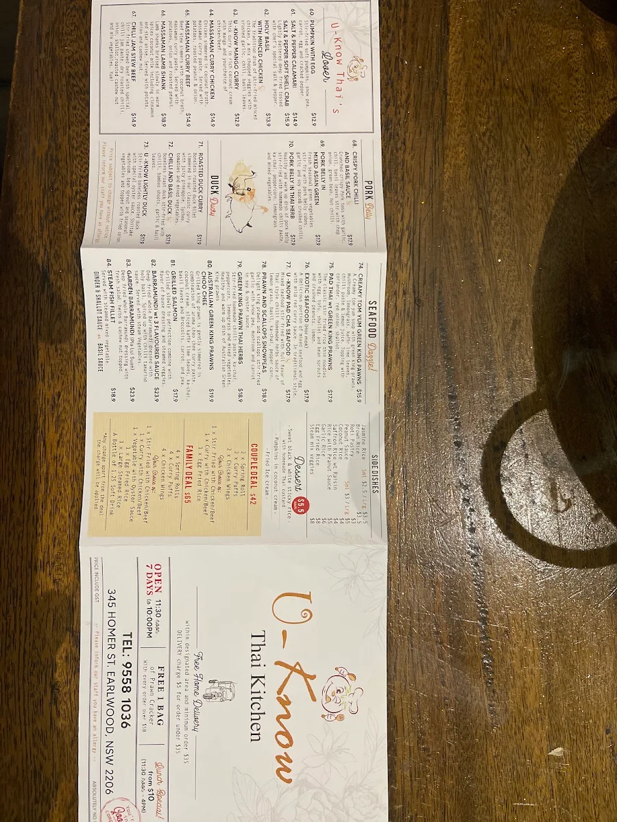 Menu, U Know Thai Takeaway Earlwood