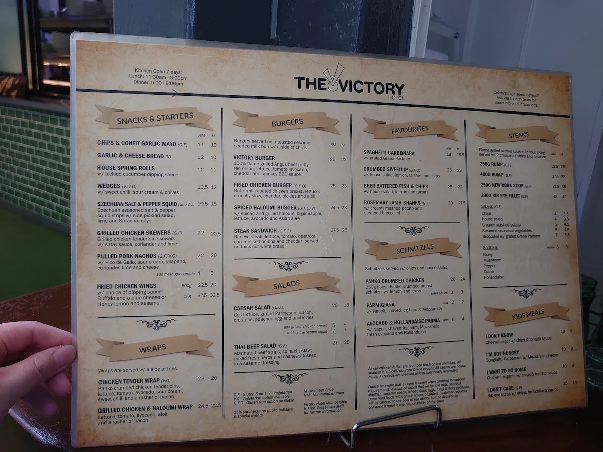 Menu, Victory Hotel