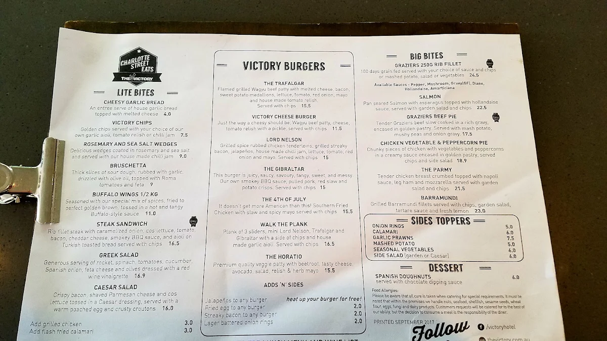 Menu, Victory Hotel