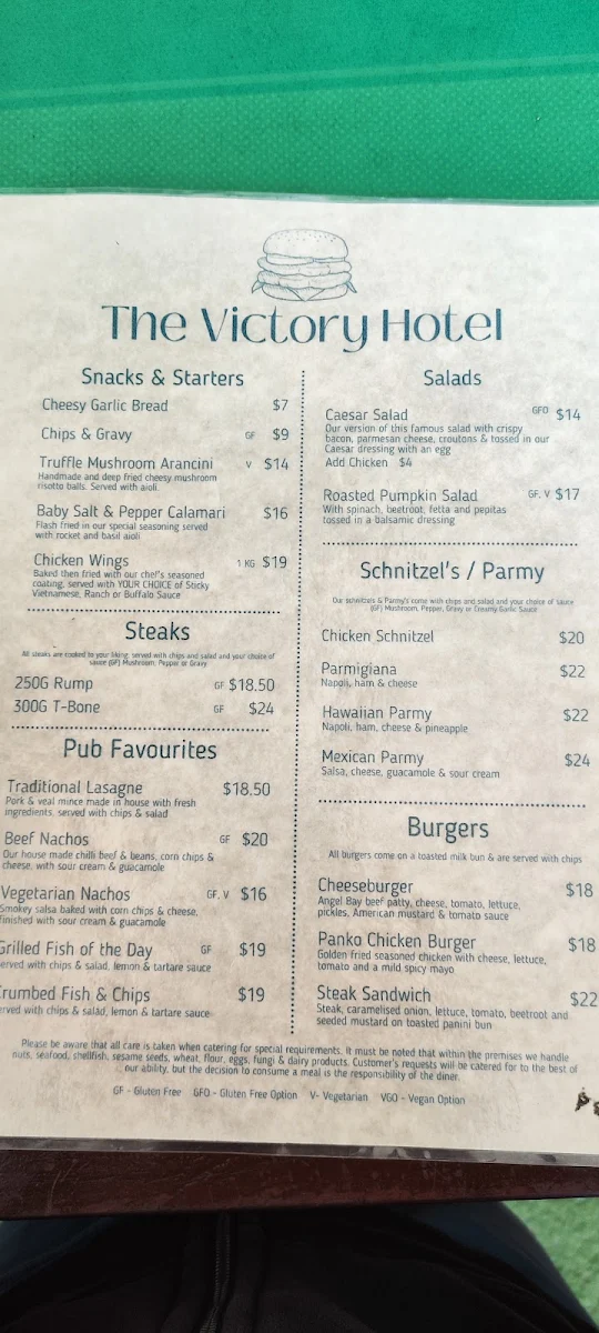 Menu, Victory Hotel