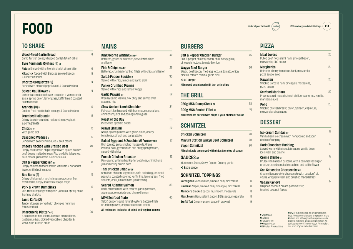 Menu, Modbury Hotel