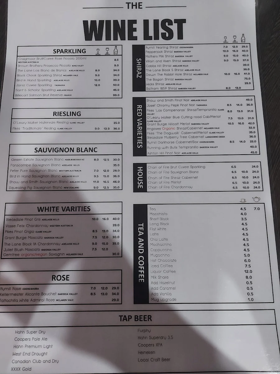 Menu, Modbury Hotel