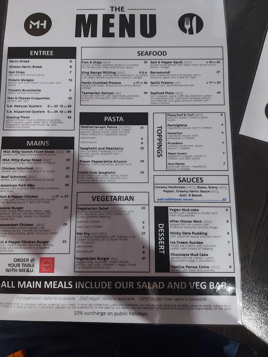 Menu, Modbury Hotel
