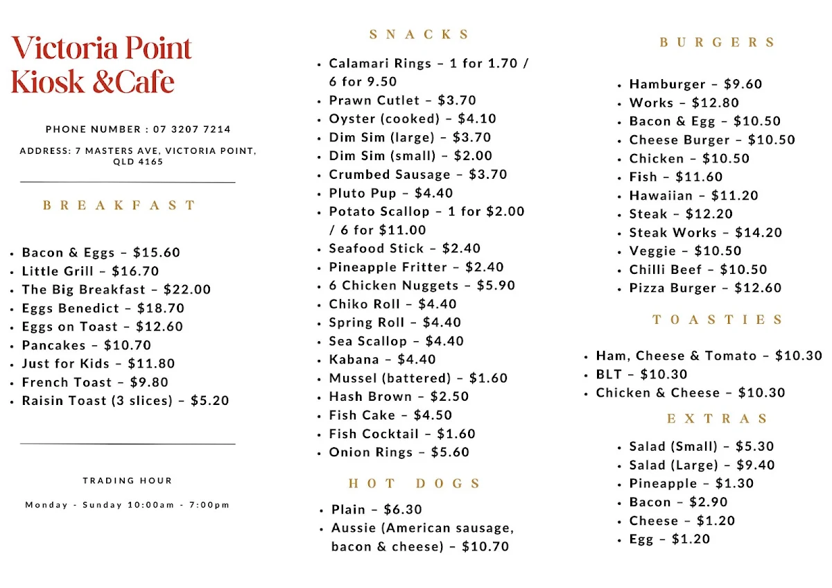 Menu, Victoria Point Kiosk Rock 'n' Roll Cafe