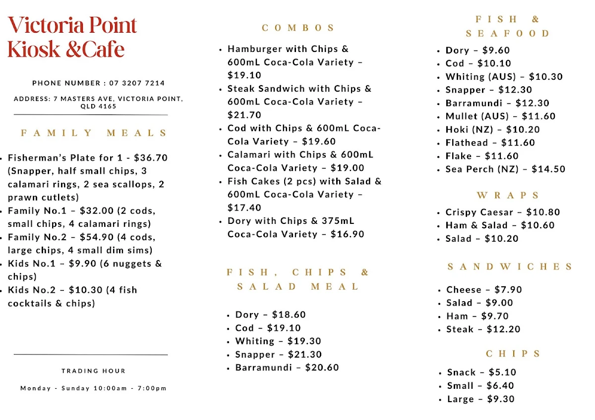 Menu, Victoria Point Kiosk Rock 'n' Roll Cafe