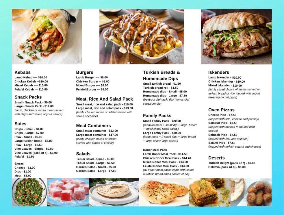 Menu, Eaglehawk Kebab