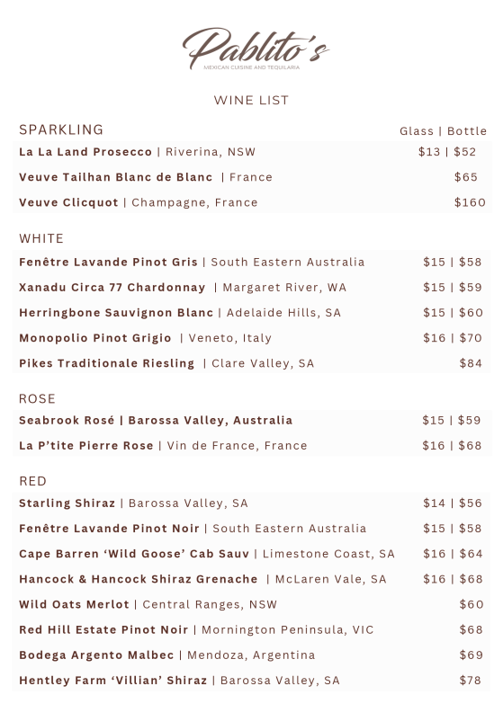 Menu, Pablito's Sanctuary Cove