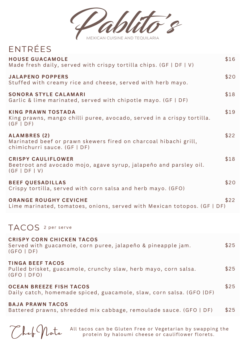 Menu, Pablito's Sanctuary Cove