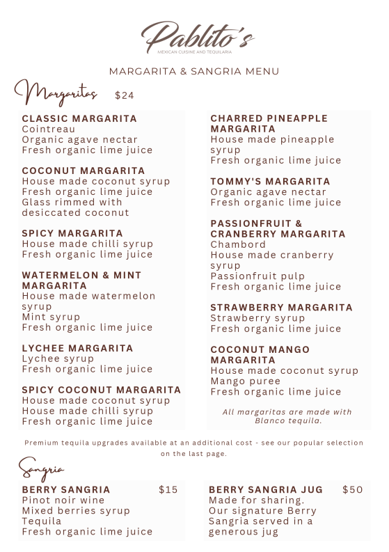Menu, Pablito's Sanctuary Cove