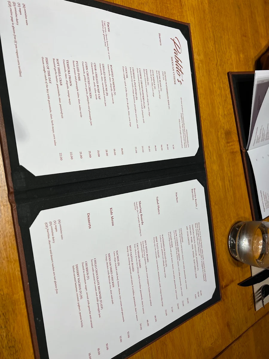 Menu, Pablito's Sanctuary Cove
