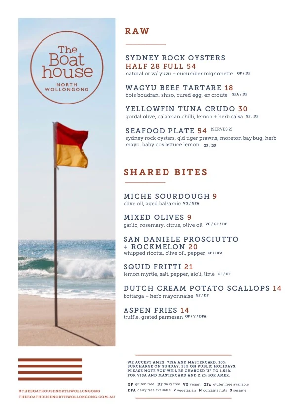 Menu, The Boathouse North Wollongong