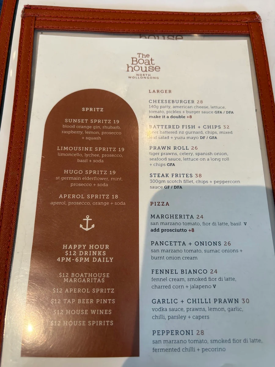 Menu, The Boathouse North Wollongong