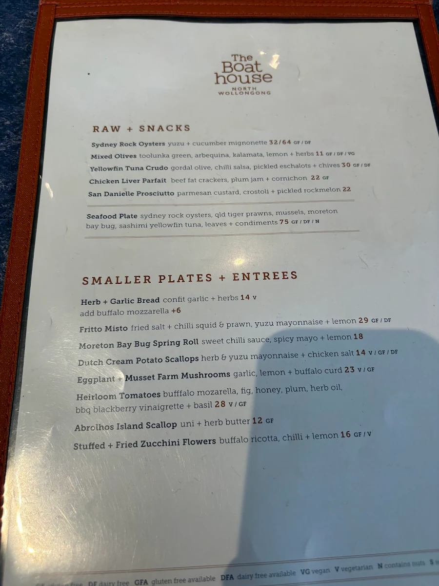 Menu, The Boathouse North Wollongong