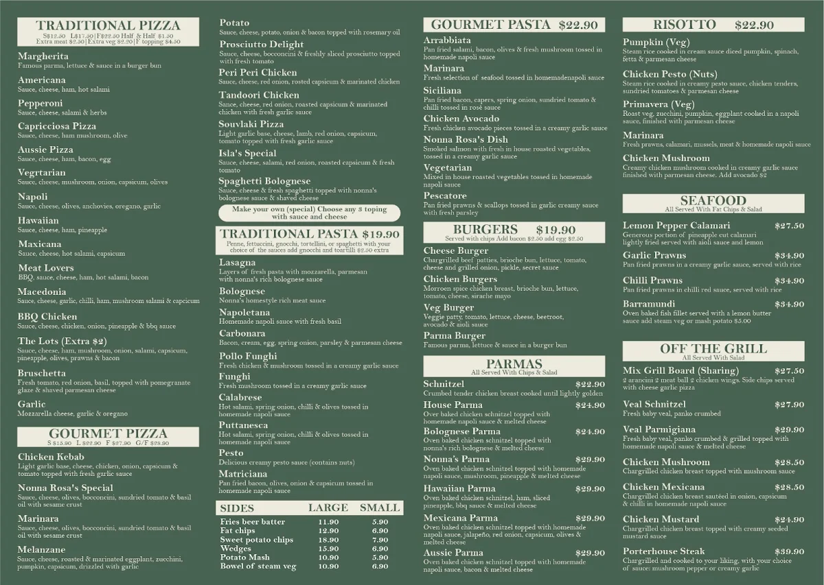 Menu, Nonna Rosa Family Restaurant