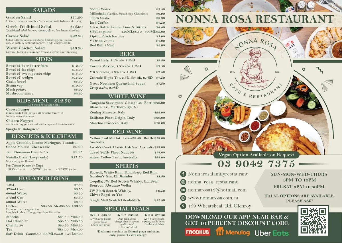 Menu, Nonna Rosa Family Restaurant