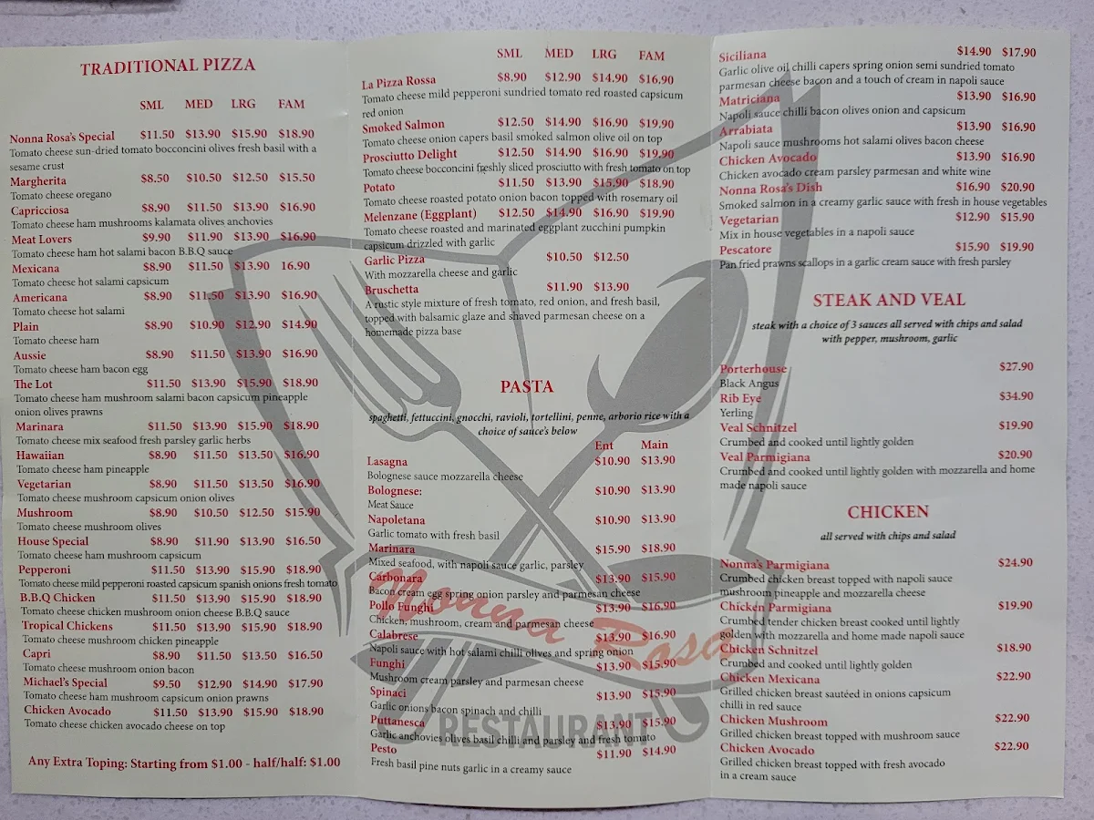 Menu, Nonna Rosa Family Restaurant