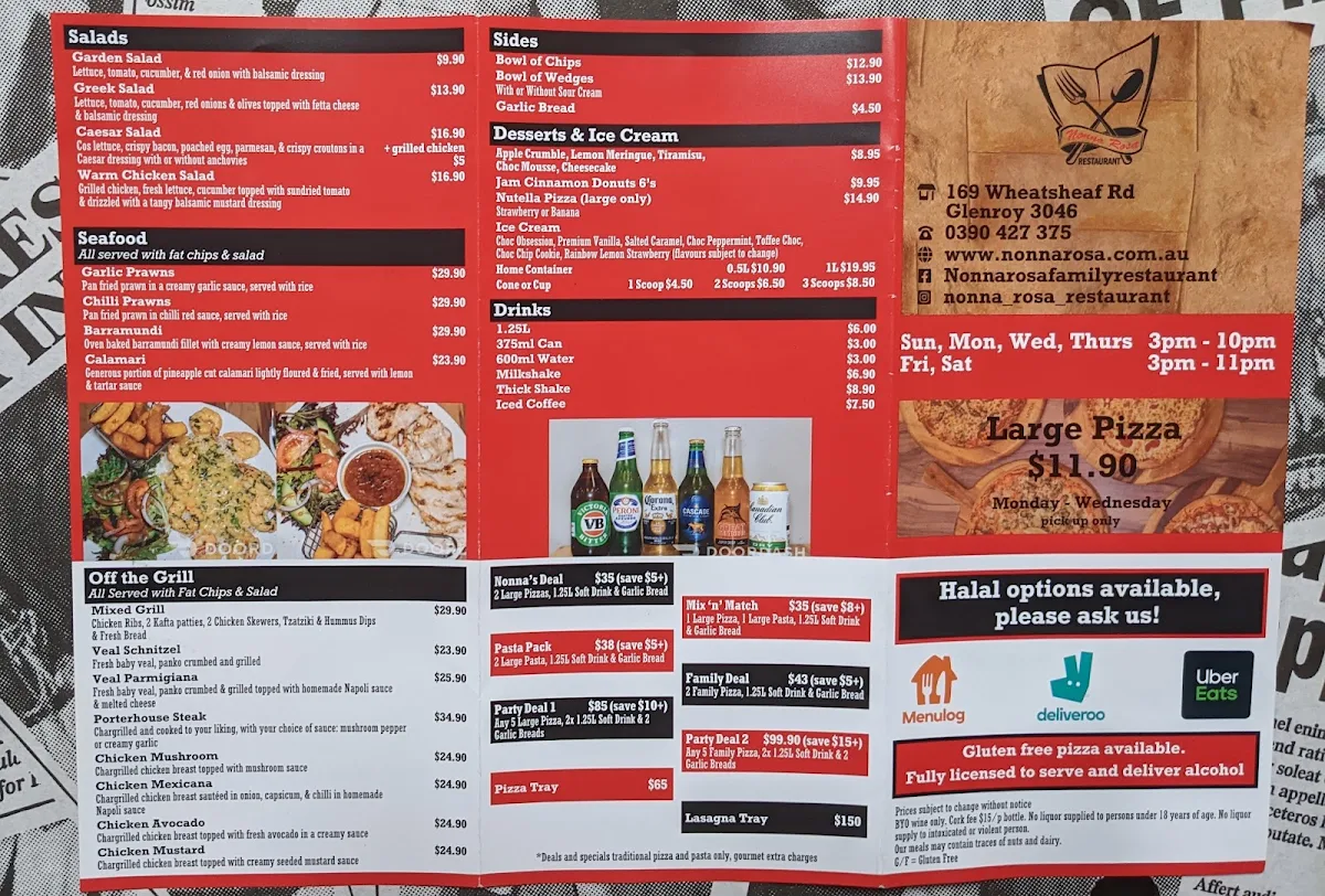 Menu, Nonna Rosa Family Restaurant