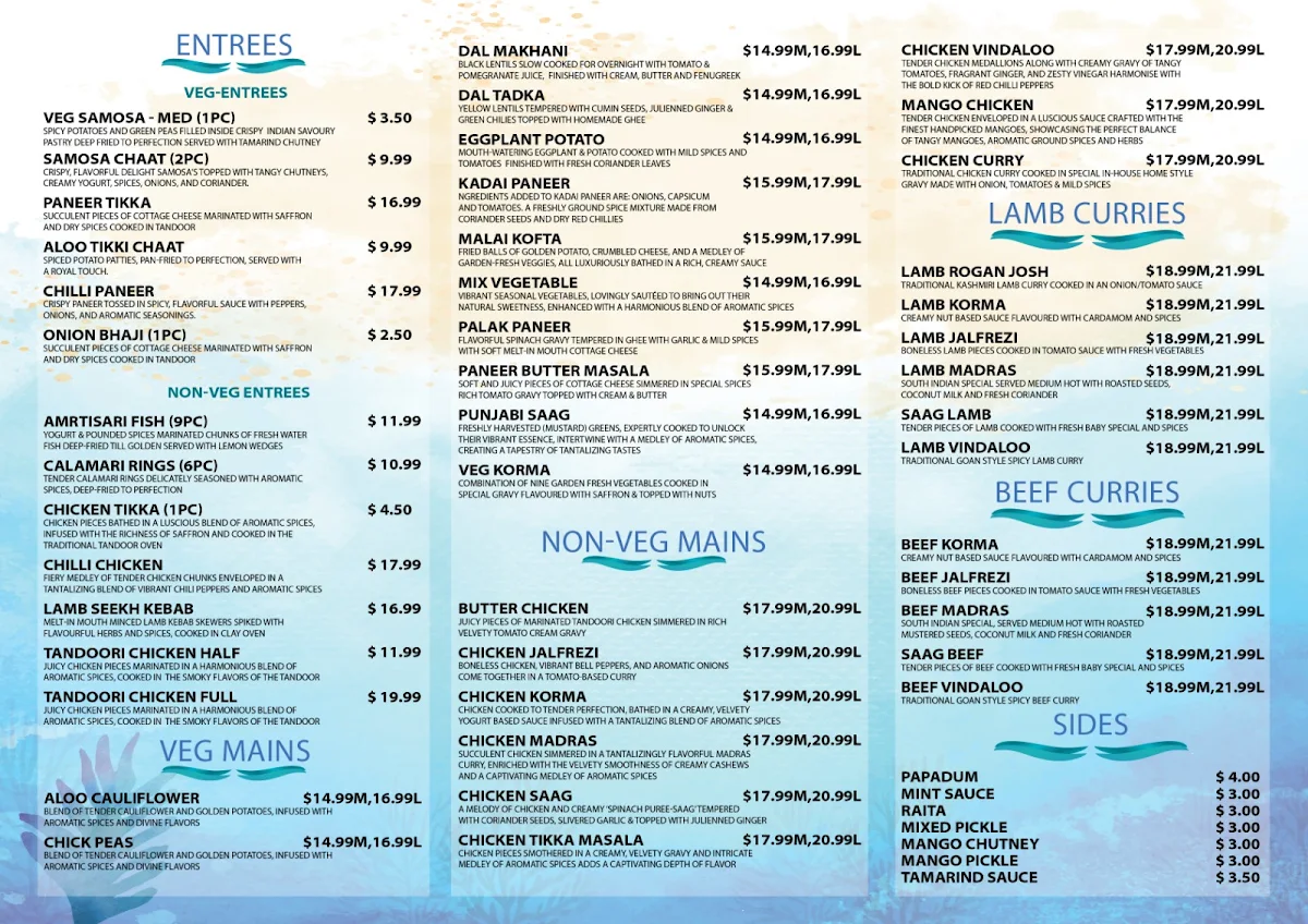 Menu, Seaside Shahi Indian Restaurant - Engadine