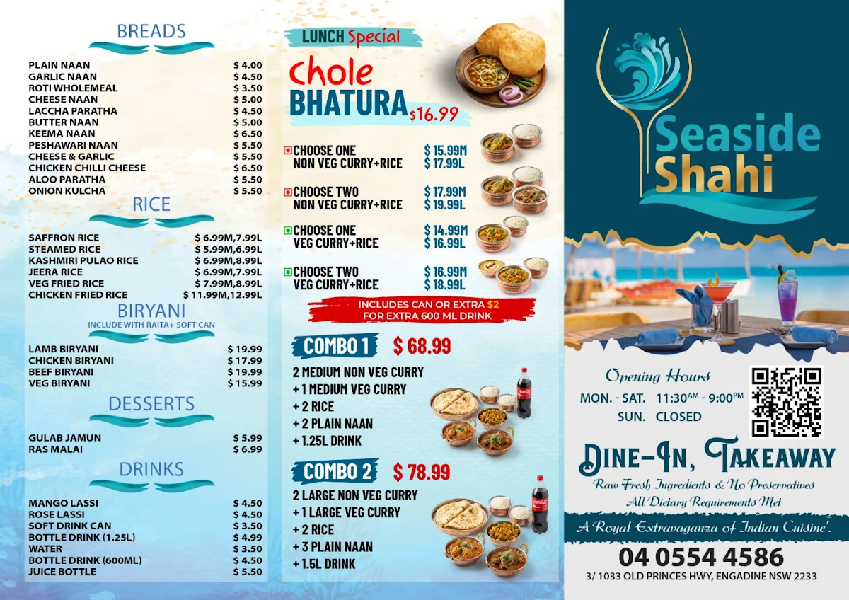 Menu, Seaside Shahi Indian Restaurant - Engadine