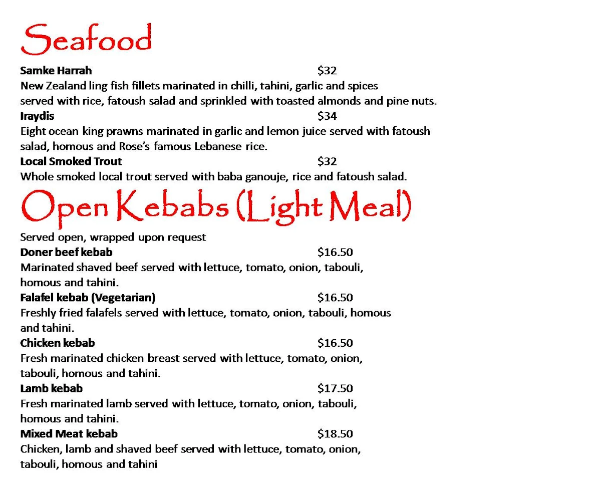 Menu, Rose's Restaurant