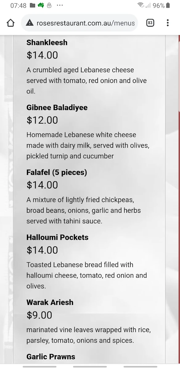 Menu, Rose's Restaurant