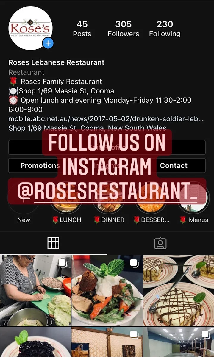 Menu, Rose's Restaurant
