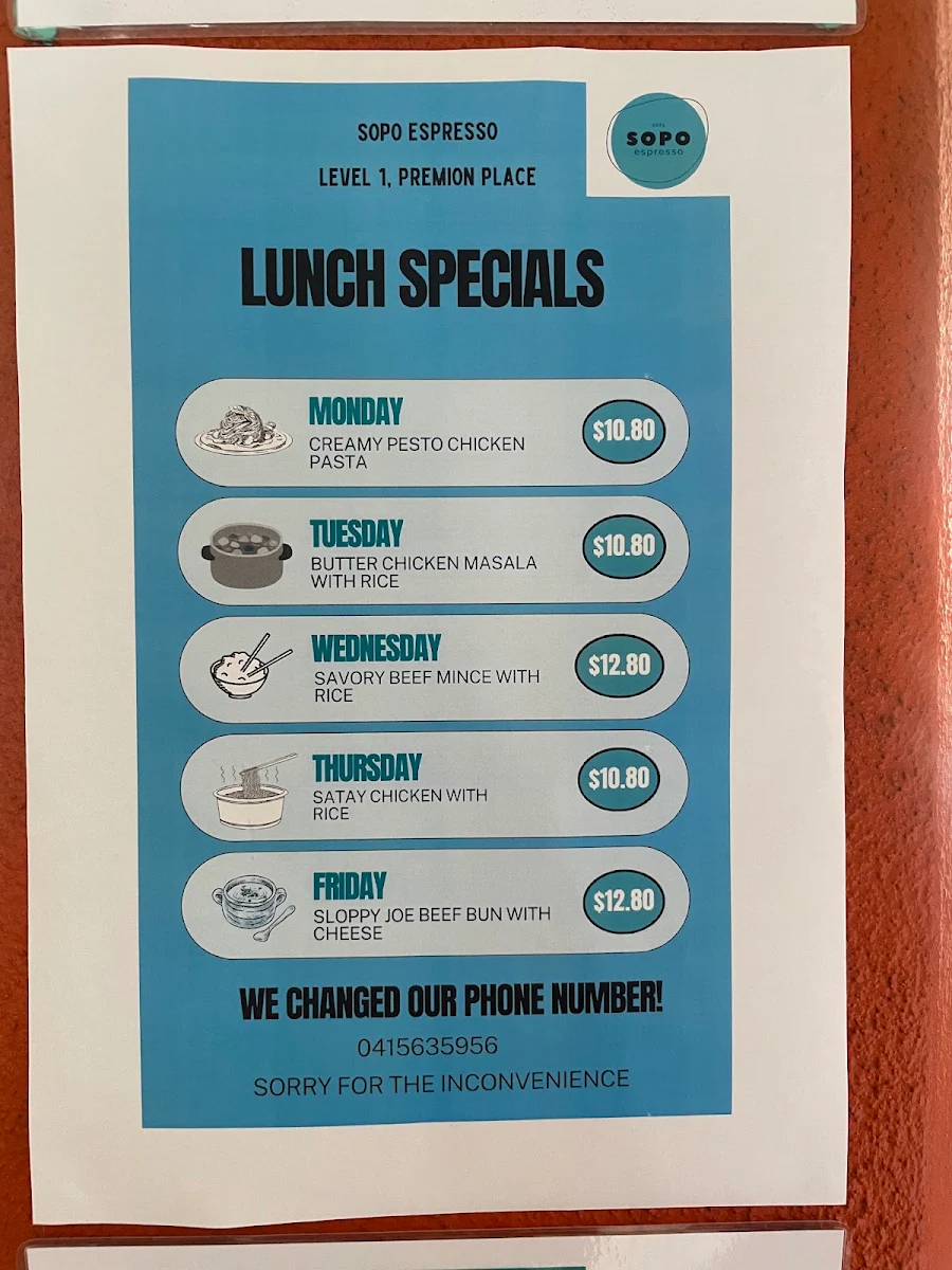 Menu, Sopo Espresso