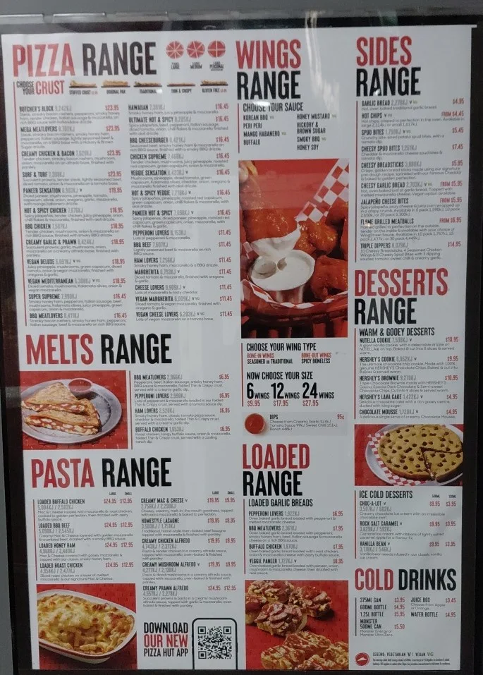 Menu, Pizza Hut Footscray