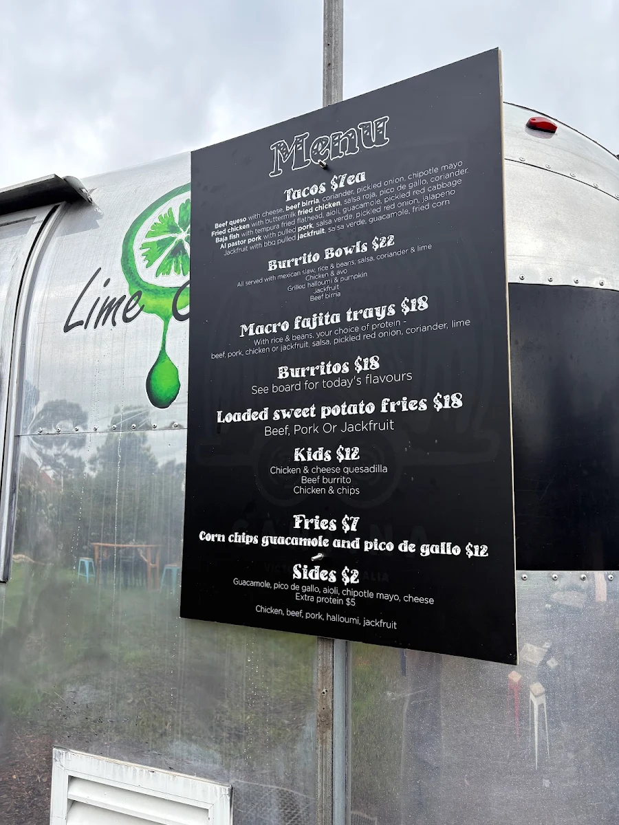 Menu, Lime and Co Cantina Food van
