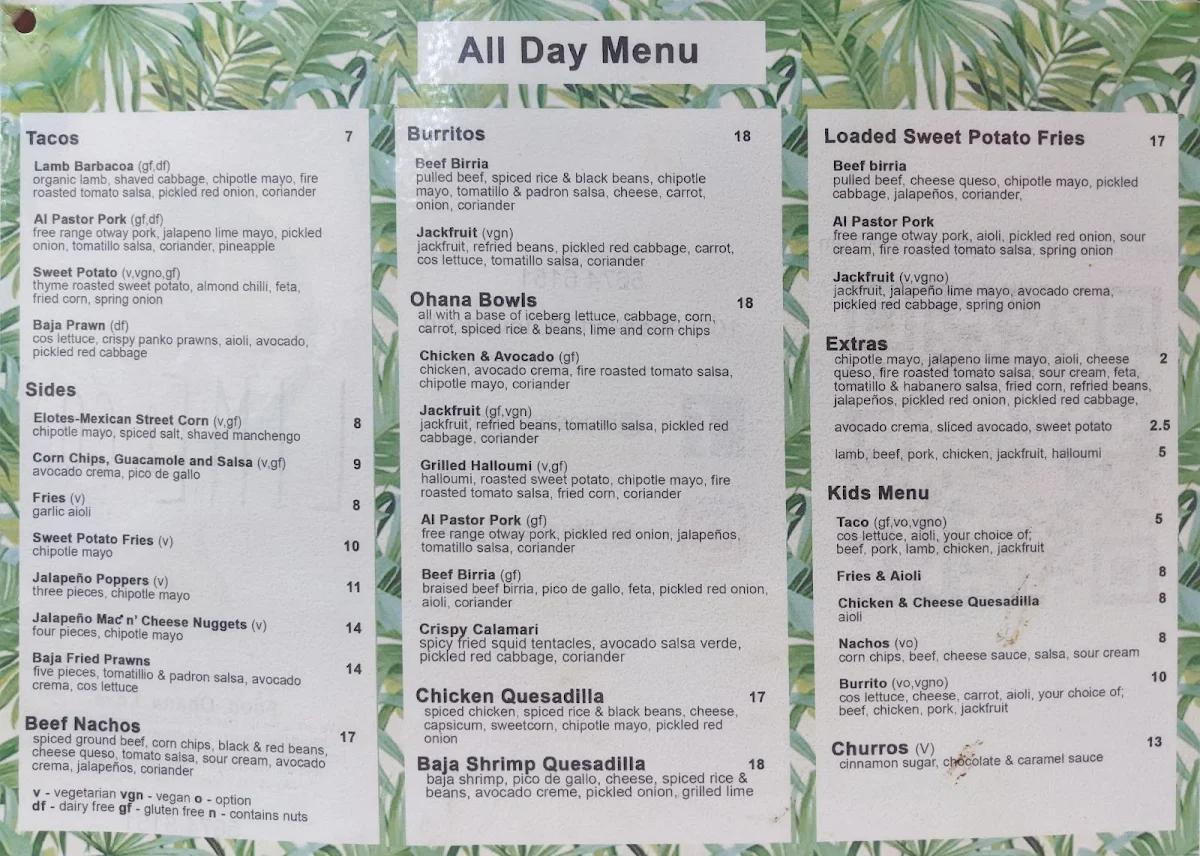 Menu, Lime and Co Cantina Food van