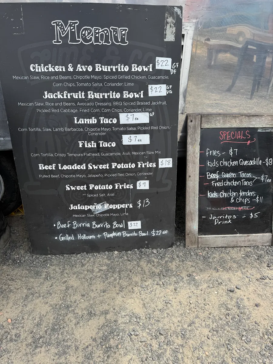 Menu, Lime and Co Cantina Food van