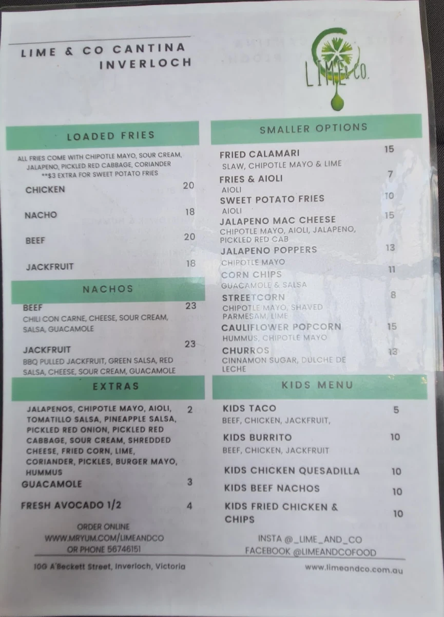 Menu, Lime and Co Cantina Food van