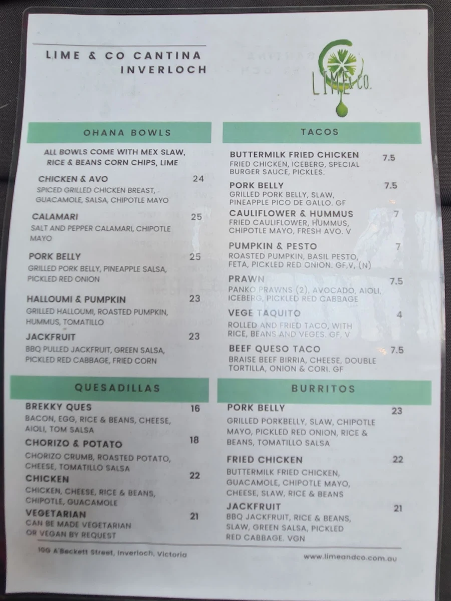 Menu, Lime and Co Cantina Food van