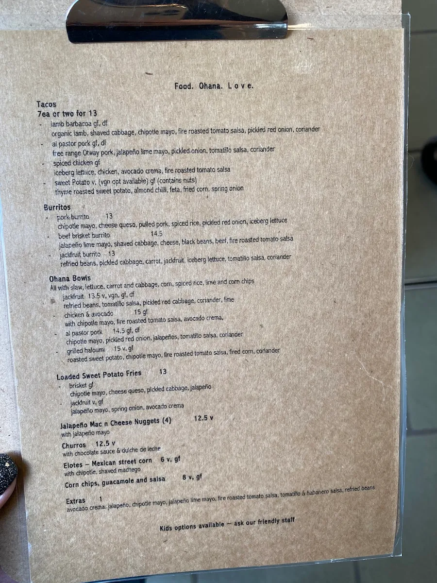 Menu, Lime and Co Cantina Food van