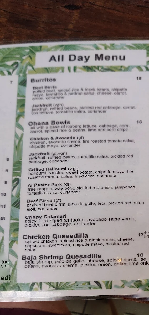 Menu, Lime and Co Cantina Food van