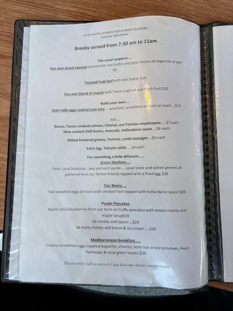 Menu, Lucky Ducks Cafe