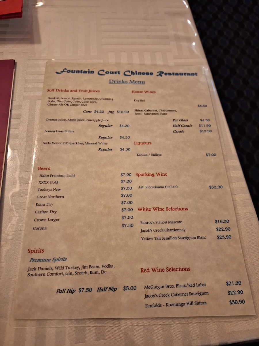 Menu, Fountain Court