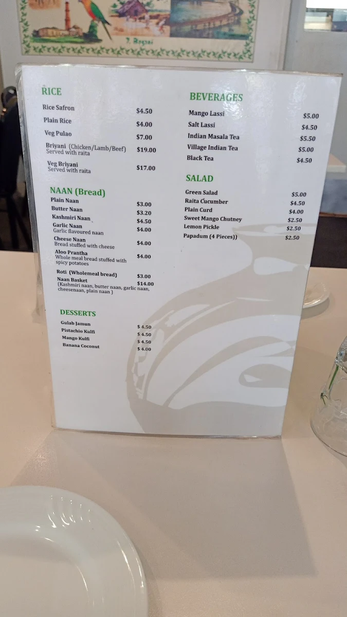 Menu, 7 Village Indian Restaurant